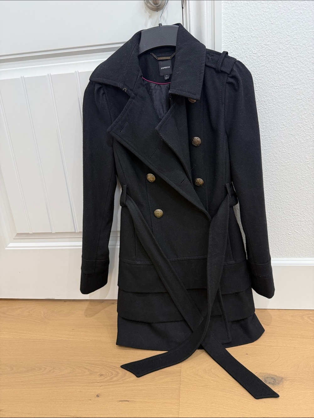 Express Black Double-Breasted Coat with Belt
